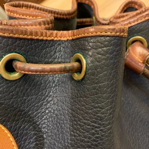 Dooney & Bourke Dark Blue and Brown Leather Draw String Bag - Picture 4 of 13